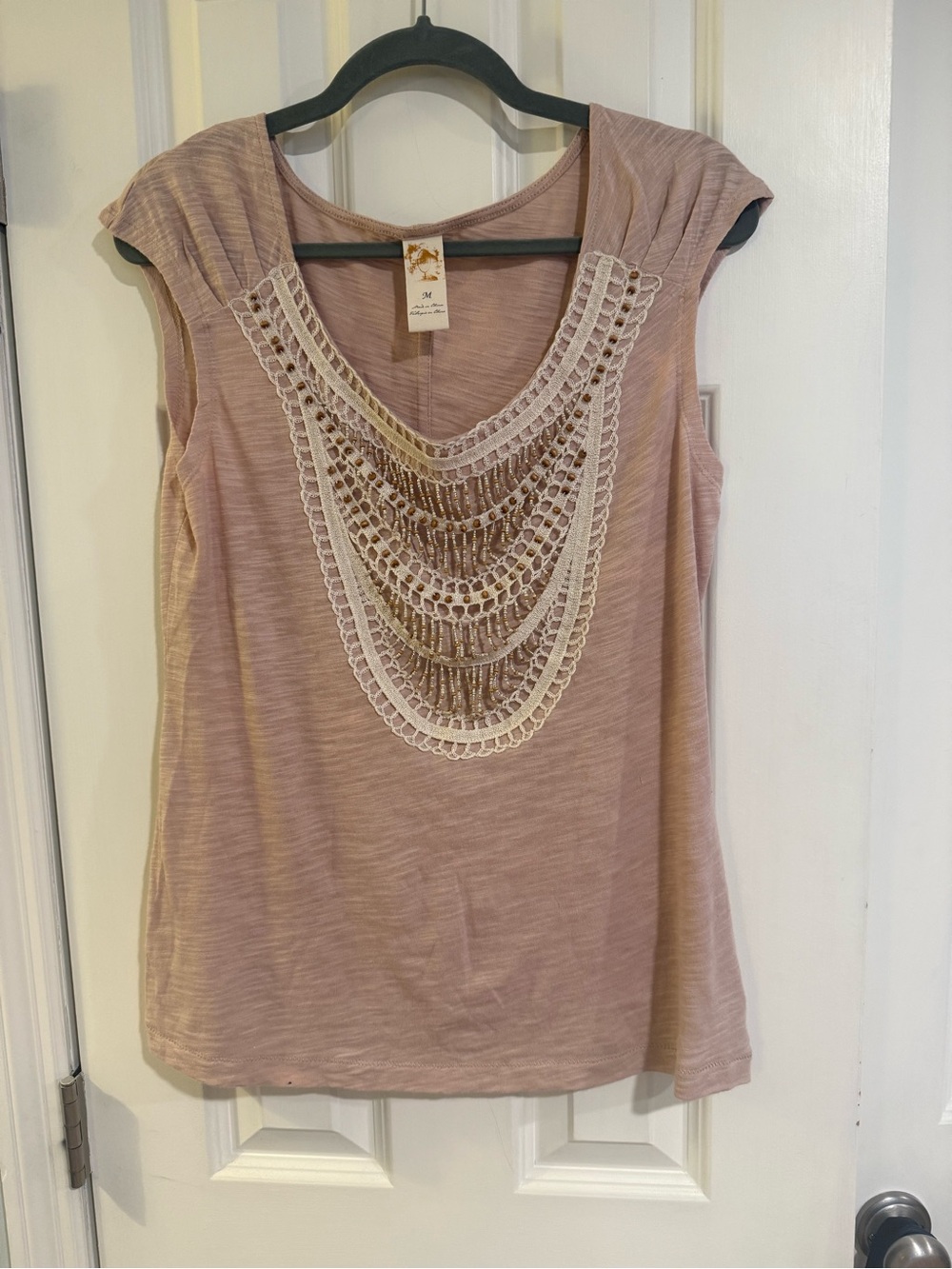 Anthropologie Blush Pink Crochet-Trim Cap Sleeve Top